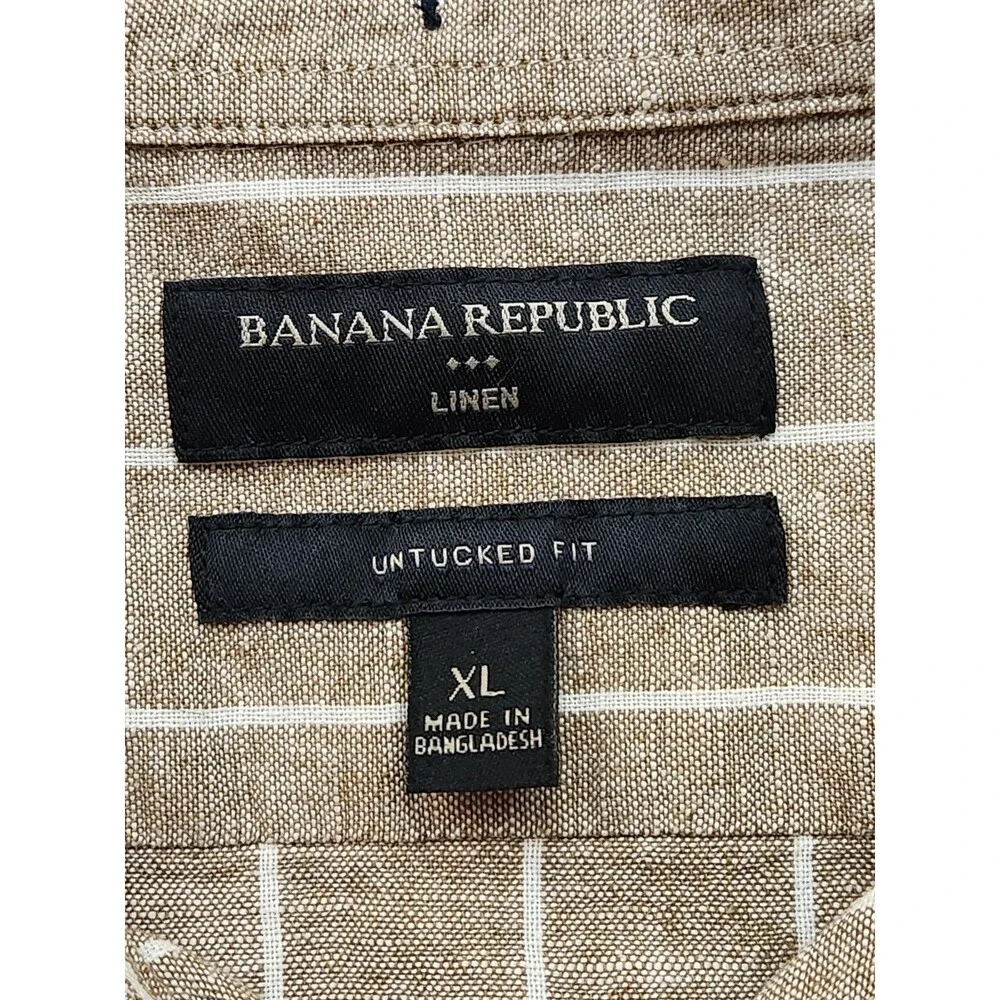 Banana Republic Linen Blend Shirt Men's XL Untucked Fit Long Sleeve Tan‎ Striped